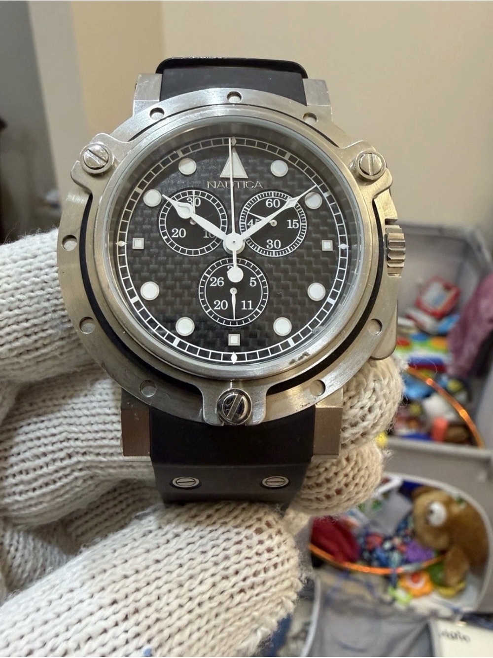 Nautica Oblo Chronograph Mens Watch Black Carbon Fiber Dial Rubber Strap N16524